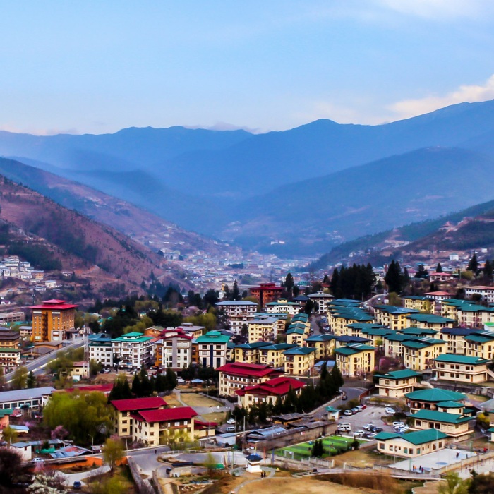 Panoramic view of the mountainous Thimpu, the capitol of Bhutan